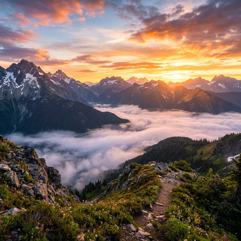 Mountain peaks rising above thick clouds during sunrise with colorful sky
